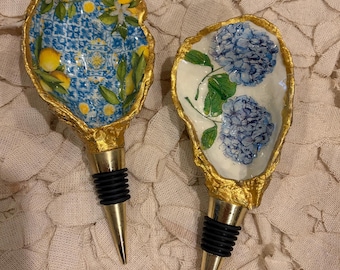 Handcrafted Oyster Shell Wine Stopper, Capri Lemon yellow and blue, Hydrangea blue and white designs