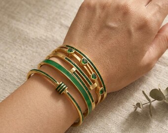 18K Gold Plated Emerald Green Gold Bangle Bracelet Set | Stackable Enamel Crystal Cuffs