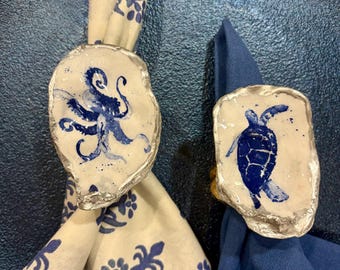 Set of 4 Handcrafted Coastal blue and white Oyster Shell Napkin Rings