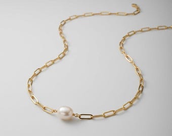 Freshwater Pearl Paperclip Chain Necklace, 18K Gold Plated Stainless Steel, Minimalist Gold Jewelry, Gift for Her