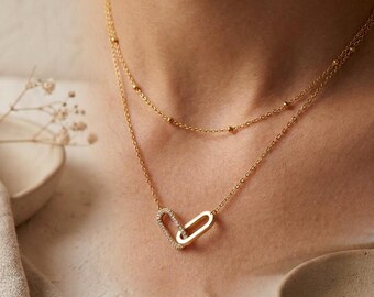 18K Gold- or Silver-Plated Paperclip Link and Ball Necklace, Zircon Bezel Setting, Minimalist Gold Necklace