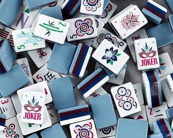 American Mahjong Set, Blue Gray Acrylic Tiles & FREE GIFT, Mahjong oyster shell dice holder