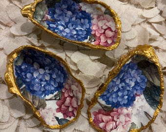 Hand-Crafted Oyster Shell Ring Dish | Blue Hydrangea Decor, Bulk Wedding and Bridal Favors. Option to Monogram