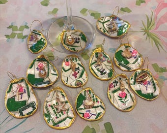 Set of 12 Handcrafted Mahjong Oyster Shell Wine Glass Charms