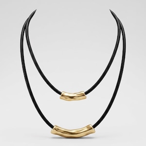 Double Layer Black Cord Choker Necklace - Minimalist Gold Tube Slider Pendant, Boho Layered Wax Rope Necklace, Modern Geometric