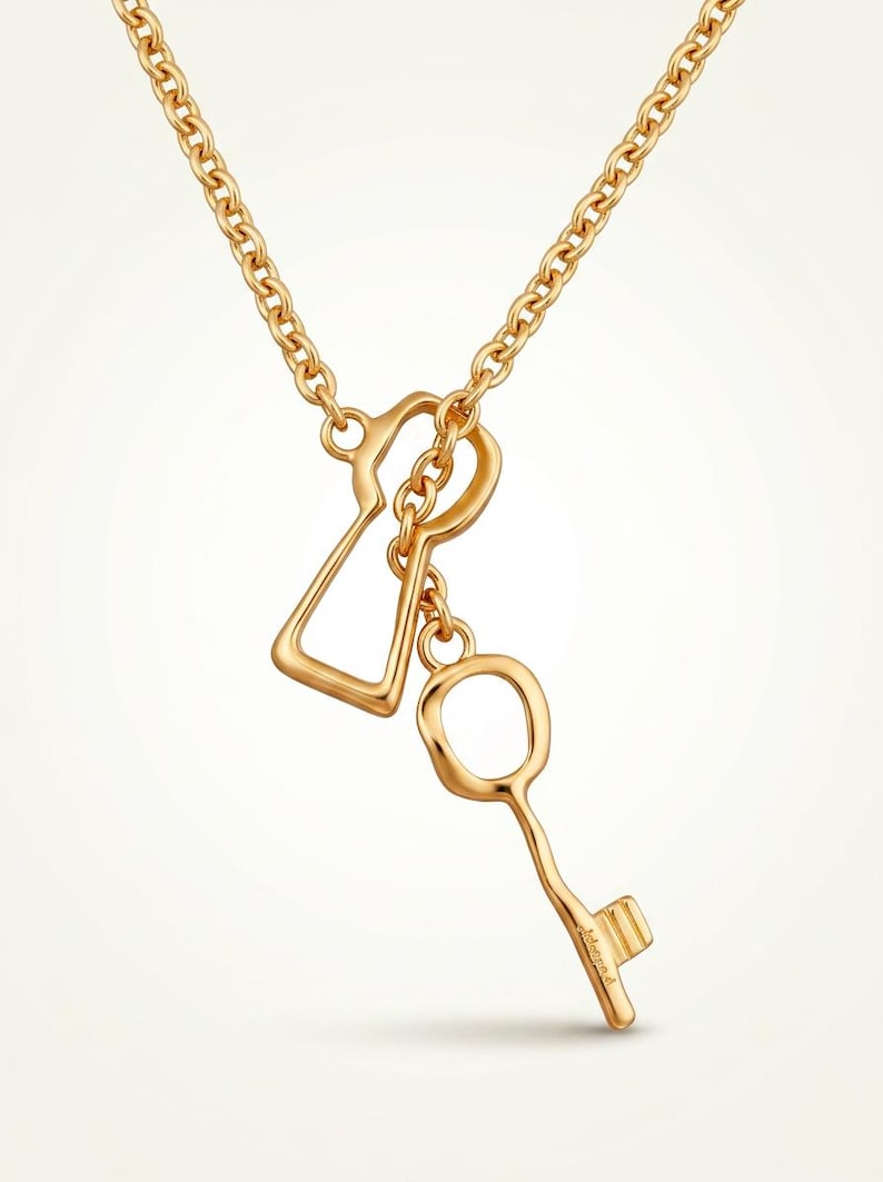 24k gold plated Key & Keyhole Statement Necklace – Surrealist Avant-Garde Runway Link Chain Jewelry image 4