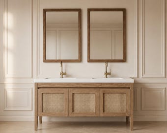 Mobile bagno con doppio lavabo in rovere massello, consolle da bagno in legno di rattan, set bagno di lusso con due specchi e doppio lavabo.