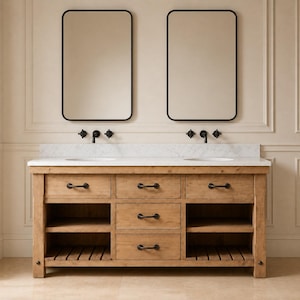 Tocador doble con encimera de mármol, tocador de baño rústico de madera, mueble de lavabo de madera estilo granja con almacenamiento, decoración de baño de lujo