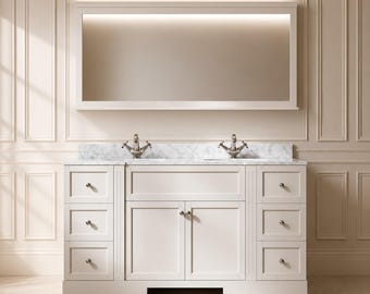 Double Vanity Bathroom Cabinet with Marble Top   Off White Wooden Washbasin Unit with Mirror   Modern Luxury Double Sink Console