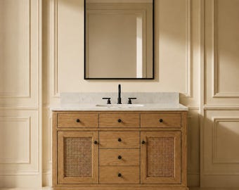 Single Vanity Bathroom Cabinet with Marble Top   Natural Oak Wooden Console with Cane Rattan Doors   Modern Luxury Washbasin Unit