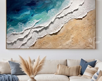 Abstract Seascape Textured Oil Painting, Large Coastal Wave Wall Art,Handmade 3D Impasto Seafoam Beach Canvas,Modern Living Room Ocean Decor