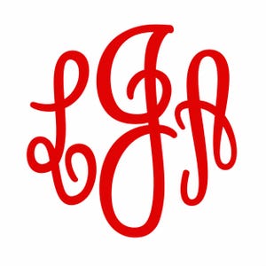 May include: Red monogram with the letters L, G, and A in a cursive font. The letters are intertwined in a circular arrangement against a white background. The design is suitable for personalized gifts or decorations.