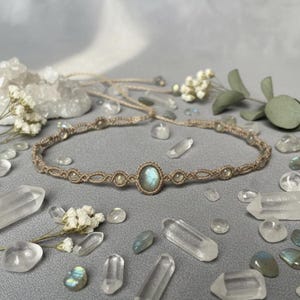 2-in-1 Macrame Choker & Wrap Bracelet in Aquamarine, Moonstone or Labradorite, Handcrafted Healing Crystal Boho Gift for Her