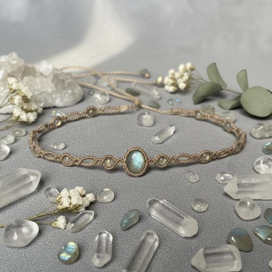 2-in-1 Macrame Choker & Wrap Bracelet in Aquamarine, Moonstone or Labradorite, Handcrafted Healing Crystal Boho Gift for Her