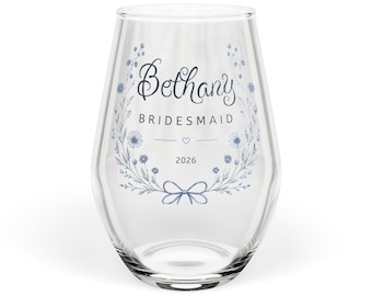 Personalized Bridesmaid Wine Glass, Wildflower Bridal Party Gift, Custom Stemless Glass, Maid of Honor Gift