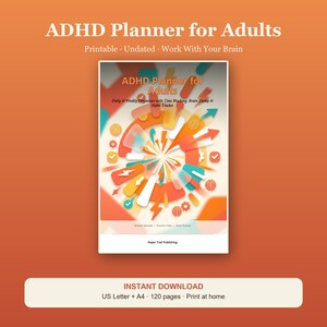 Peut inclure: Un planificateur TDAH pour adultes avec une couverture blanche présentant un graphique abstrait coloré de flèches, d'engrenages et d'icônes de cerveau. Le texte indique ADHD Planner for Adults, Daily & Weekly Organizer with Time Blocking, Brain Dump & Habit Tracker, Weekly Spreads, Priority Tasks, Brain Dumps, et Paper Trail Publishing.