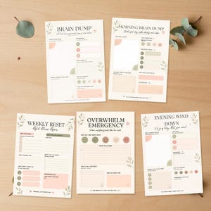 Op de afbeelding: Vijf rechthoekige papieren planners met een crèmekleurige achtergrond, voorzien van zachtgroene botanische illustraties, pastelroze en saliegroene accenten en zwarte tekst. Titels zijn onder andere Brain Dump, Morning Brain Dump, Weekly Reset, Overwhelm Emergency en Evening Wind Down.