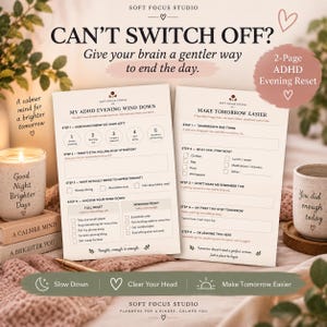 Op de afbeelding: Twee geprinte pagina's getiteld My ADHD Evening Wind Down en Make Tomorrow Easier. De formulieren bevatten checklists en prompts voor energieniveaus en dagelijkse taken. De tekst is zwart op een crèmekleurige achtergrond.