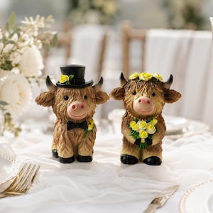 Adorno para pastel de vaca de las Tierras Altas para parejas, juego de figuras de novios y novias, decoración rústica de granja para bodas