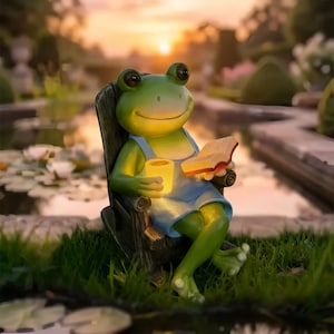 May include: A green frog ornament seated in a wooden rocking chair, reading a book and holding a glowing candle. The frog is wearing blue dungarees. The background shows a garden with a pond and a sunset.