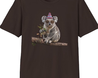 Camiseta con gorro de punto y estampado de koala / Amante de la fauna australiana, 100% algodón.