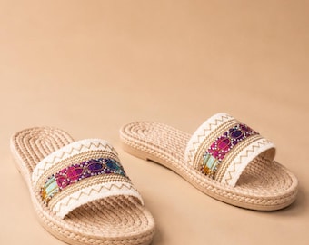 Bohemian Beaded Flat Sandals Women, Ethnic Summer Beach Slides, Large Size Outdoor Slippers