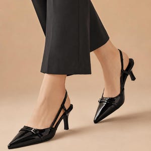 Patent Leather Mary Jane Pumps, Pointed Toe Slingback Heels, French Retro Style