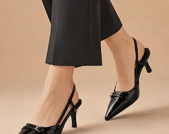 Patent Leather Mary Jane Pumps, Pointed Toe Slingback Heels, French Retro Style