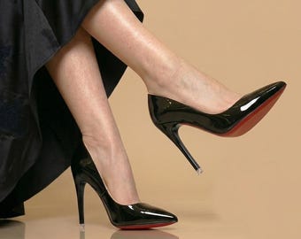 Black Patent Leather Pointed Toe Pumps, Women's High Heel Stiletto Shoes, Office Siren Heels, Quiet Luxury Dress Pumps