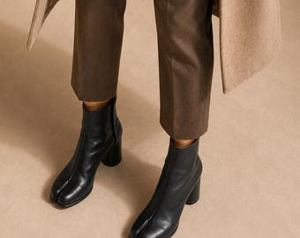 Leather Tabi Boots for Women, Genuine Leather Split Toe Square Toe Ankle Boots, High Heel Zip Womens Boots