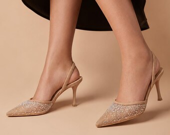 Rhinestone Mesh Slingback Heels Women, Pointed Toe Crystal Party Pumps, Slip On Wedding Bridal Heels, Elegant Summer Sandals Gift