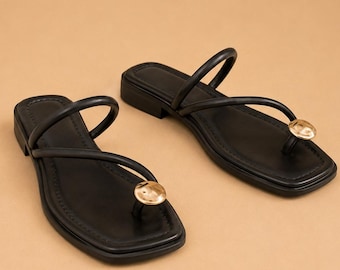 Women's Metal Detail Square Heel Mules, Retro Low Heel Summer Sandals