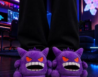 Gengar Plush Slippers, Funny Anime House Shoes, Cozy Winter Indoor Slippers, Kawaii Gamer Gift, Unisex Adult Shoes