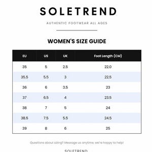 May include: A Soletrend size guide chart for footwear, featuring columns for EU, US, and UK sizes alongside foot length in centimeters. The table lists sizes from EU 35 to 39, corresponding to US 5 to 8, UK 2.5 to 6, and foot lengths from 22.0 to 25 cm.