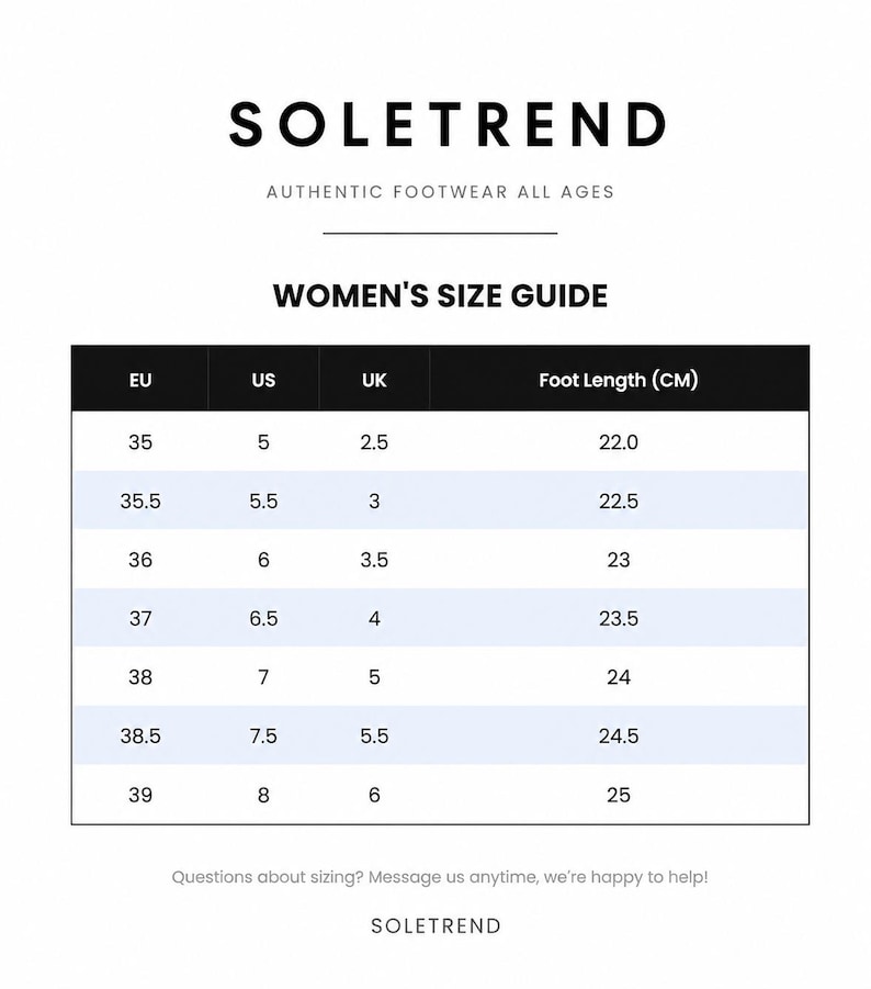 May include: A Soletrend size guide chart for footwear, featuring columns for EU, US, and UK sizes alongside foot length in centimeters. The table lists sizes from EU 35 to 39, corresponding to US 5 to 8, UK 2.5 to 6, and foot lengths from 22.0 to 25 cm.
