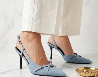 Zapatos de tacón destalonados con hebilla y punta afilada para mujer (impermeables)