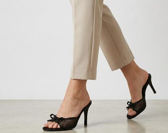 Frauen Luxus Sommer Sandaletten | Elegante Slim Heel Slip-On Hausschuhe | Minimal Schmetterling Knoten Sandalen | Bequeme Sommerschuhe