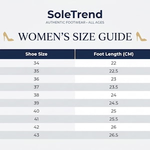 Puede incluir: Una tabla de gu&iacute;a de tallas de calzado SoleTrend con el texto WOMEN'S SIZE GUIDE. La tabla enumera las tallas de zapato del 34 al 43 en la columna izquierda y las longitudes de pie correspondientes en cent&iacute;metros del 22 al 26,5 a la derecha.