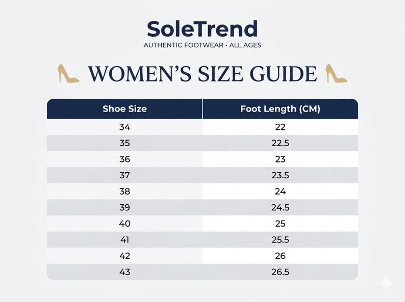 Puede incluir: Una tabla de gu&iacute;a de tallas de calzado SoleTrend con el texto WOMEN'S SIZE GUIDE. La tabla enumera las tallas de zapato del 34 al 43 en la columna izquierda y las longitudes de pie correspondientes en cent&iacute;metros del 22 al 26,5 a la derecha.