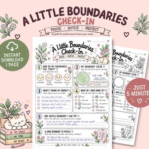 Könnte beinhalten: Ein druckbares A Little Boundaries Check-In Arbeitsblatt mit sechs Abschnitten zur Selbstreflexion, verziert mit Blumenillustrationen und einer schlafenden Katze. Die Seite enthält Fragen wie How Do My Boundaries Feel Today und What Do I Need More Of, mit Platz für handschriftliche Notizen.