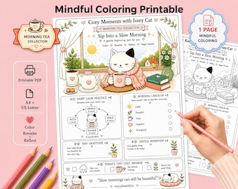 Pagina da colorare per la consapevolezza, stampabile, foglio di lavoro per la cura di sé al mattino, pagina da colorare con un gatto accogliente, attività di consapevolezza, formato PDF A4 US Letter