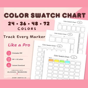 Può includere: Un modello di tabella colori digitale per pennarelli a base di alcol con pagine PDF stampabili in formato A4 e US Letter. Le tabelle includono griglie per 24, 36, 48 e 72 colori con etichette per marca e set. Design rosa con testo scuro.