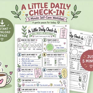 Può includere: Un foglio di lavoro stampabile intitolato A Little Daily Check-In con otto sezioni numerate per la riflessione, inclusi suggerimenti su sentimenti, colore del giorno, bisogni, vittorie e gratitudine, decorato con piccole illustrazioni di foglie e cuori.