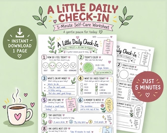 Daily Self Care Check In Worksheet, 5 Minute Mindfulness Printable, Mental Wellness PDF