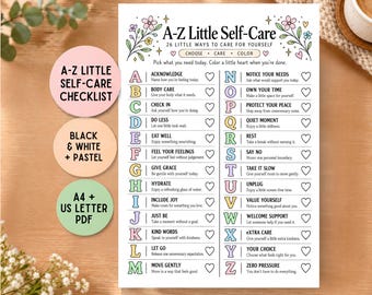 Peut inclure: Une liste de contrôle imprimable A-Z Little Self-Care présentant 26 activités de bien-être classées par ordre alphabétique. Le document comprend des lettres aux tons pastel, des illustrations florales et des cœurs pour le suivi.