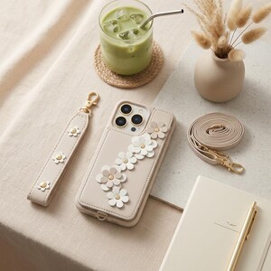 Floral Daisy Leather Wallet Phone Case, iPhone Crossbody Lanyard Cover
