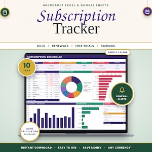 Pode incluir: Um rastreador de assinaturas digital para Microsoft Excel e Google Sheets exibido na tela de um laptop. O painel apresenta um gráfico de pizza, gráficos de barras e tabelas de dados para contas, renovações, testes e economias.
