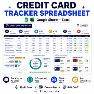 May include: A digital credit card tracker spreadsheet for Google Sheets and Excel. The dashboard displays financial data including total credit, balances, utilization percentages, and payment due dates for multiple credit card accounts.