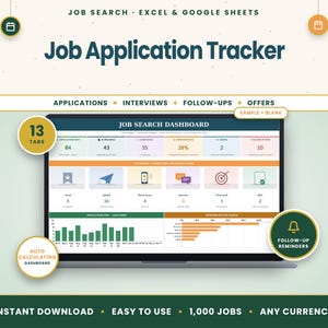 Può includere: Un tracker digitale per le candidature di lavoro per Excel e Google Sheets visualizzato su uno schermo di un portatile. La dashboard presenta un'interfaccia di ricerca lavoro con grafici colorati, barre di avanzamento e tabelle per il monitoraggio.