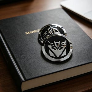 May include: Two circular emblems featuring a metallic silver Decepticon logo set against a glossy black background. The emblems are stacked on top of a black hardcover book with the gold text MANET visible on the front cover surface.